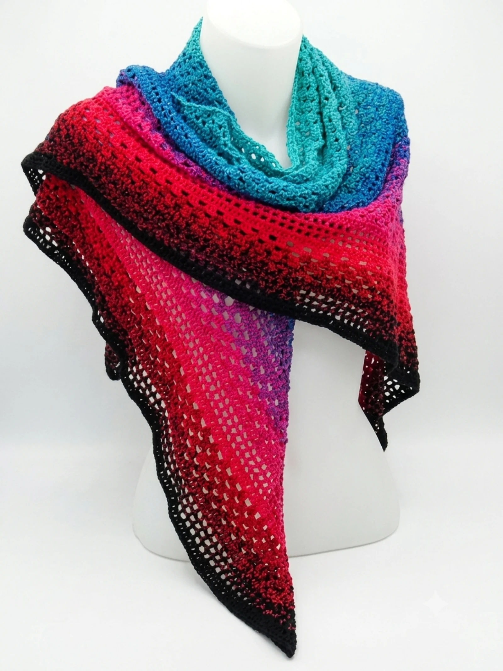 Large Handmade Crochet Shawl - Beautiful Turquoise, Purple, Red & Black Gradient – photo 10